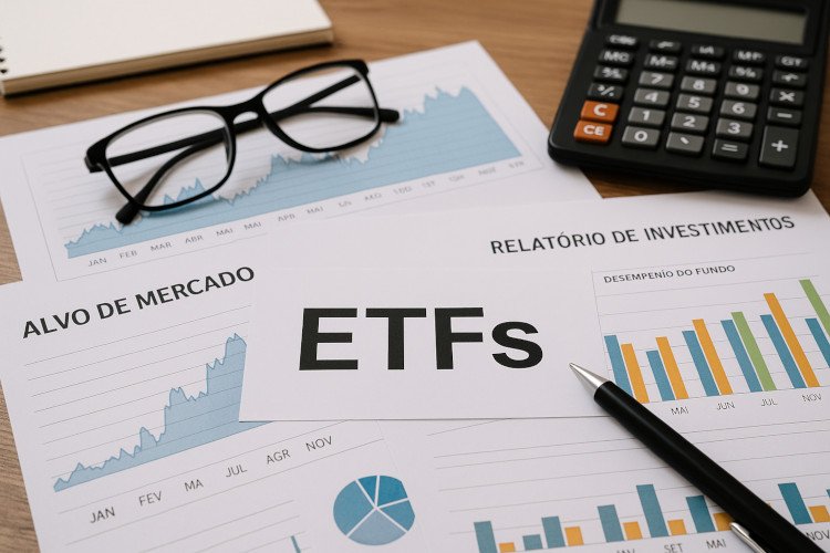 Documentos e Gráficos Representando Investimentos em ETFs no Mercado Financeiro Investimentos em ETFs representados por documentos financeiros e gráficos de desempenho