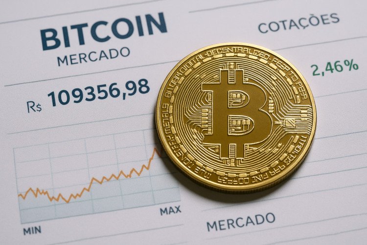 Imagem representando o Bitcoin com destaque para uma moeda física dourada sobre gráfico de cotações de mercado em português.