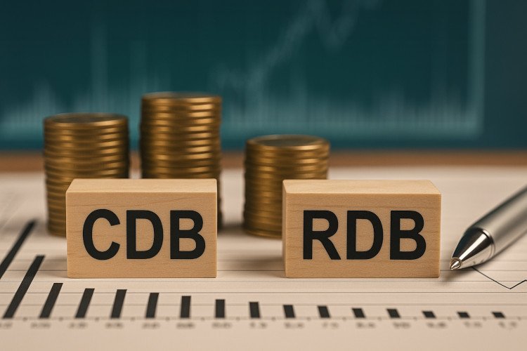 Blocos com as siglas CDB e RDB ao lado de moedas empilhadas sobre gráfico financeiro, representando investimentos de renda fixa com segurança.