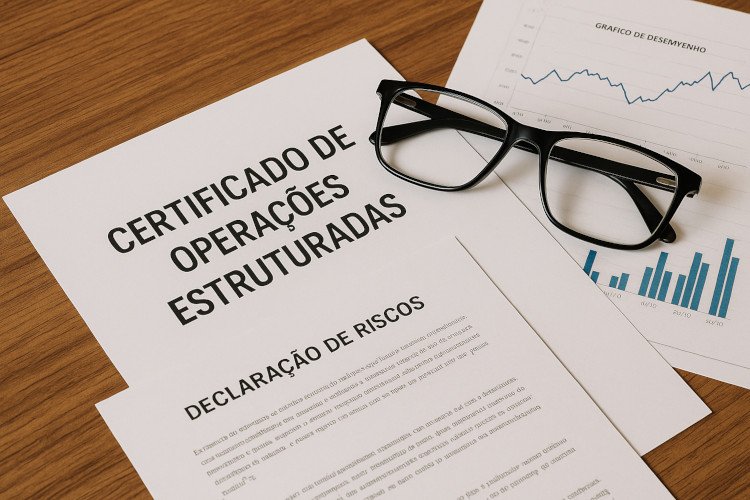 Certificado de Operações Estruturadas representado por documentos financeiros e gráficos de investimentos.