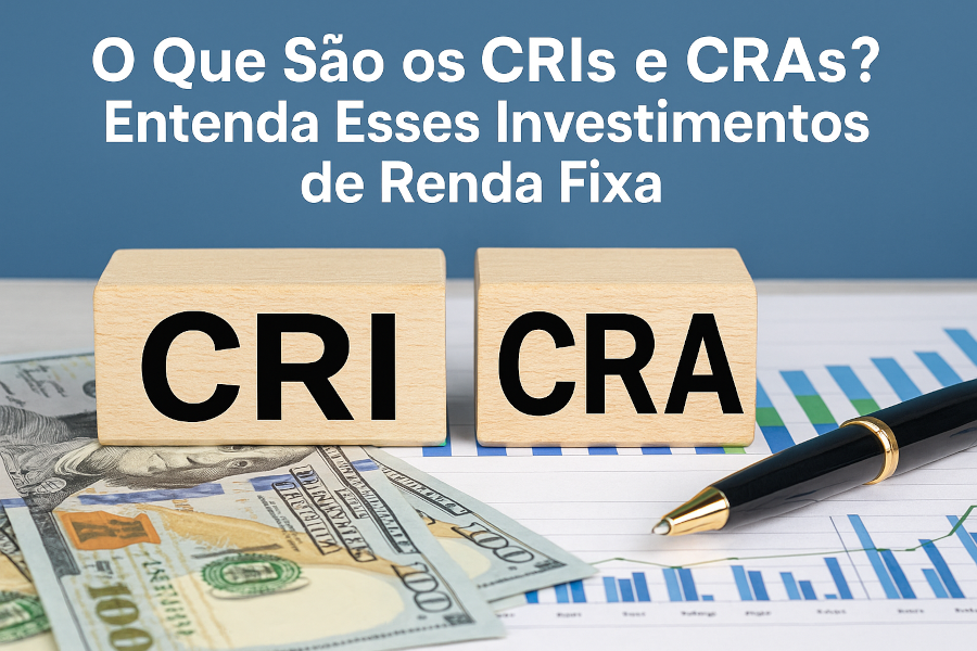 Imagem ilustrativa sobre CRIs e CRAs, com blocos de madeira e gráficos financeiros representando investimentos em crédito privado nos setores imobiliário e do agronegócio