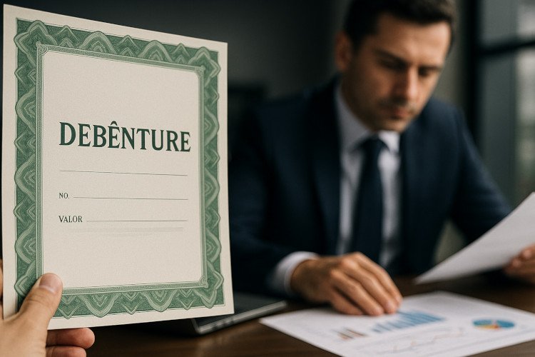 Certificado de debêntures em foco com investidor analisando gráficos financeiros ao fundo em ambiente corporativo.