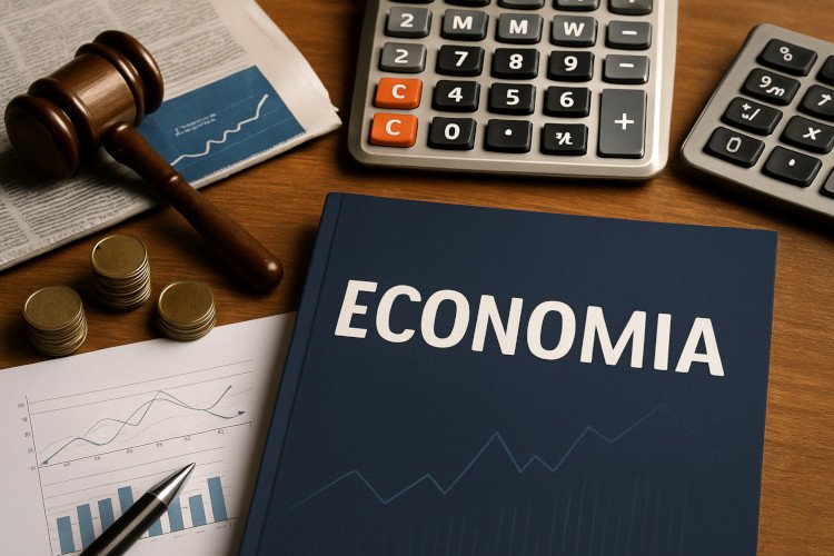 Análise de economia: gráficos, caderno, lápis e calculadora sobre mesa de madeira