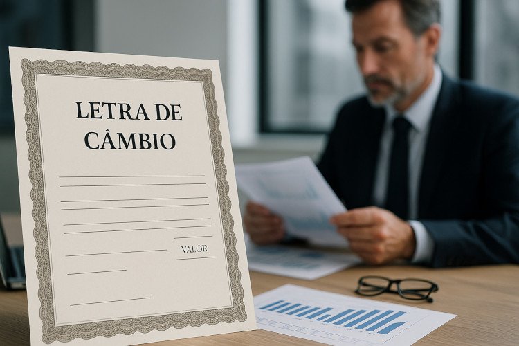 Letra de câmbio representada por contrato financeiro e cédula em foco, com cenário corporativo ao fundo, ilustrando investimento em renda fixa.