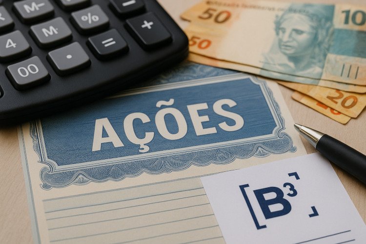 Negociação de ações na B3 com cédulas de real, calculadora e certificado de ações em destaque