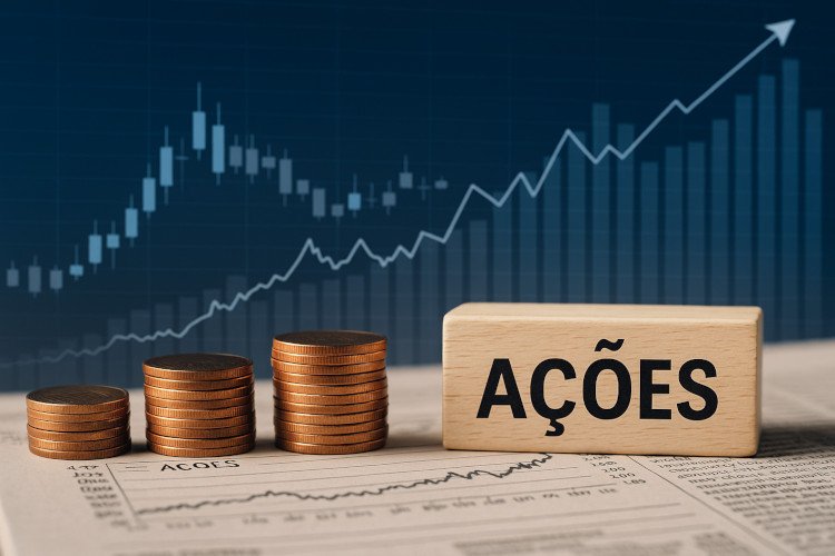 Investimento em ações longo prazo com crescimento de patrimônio representado por moedas e gráficos financeiros.
