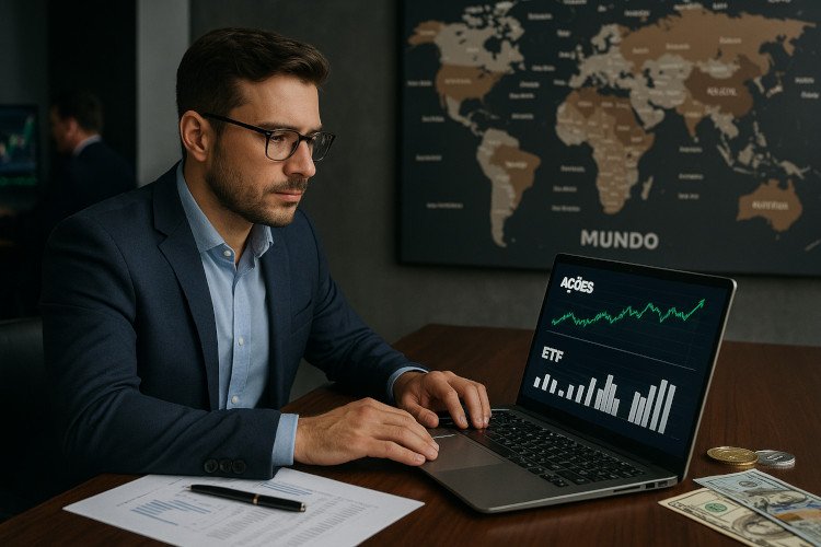 como escolher ativos internacionais — Investidor analisando ações e ETFs no exterior com gráficos financeiros e mapa-múndi ao fundo.