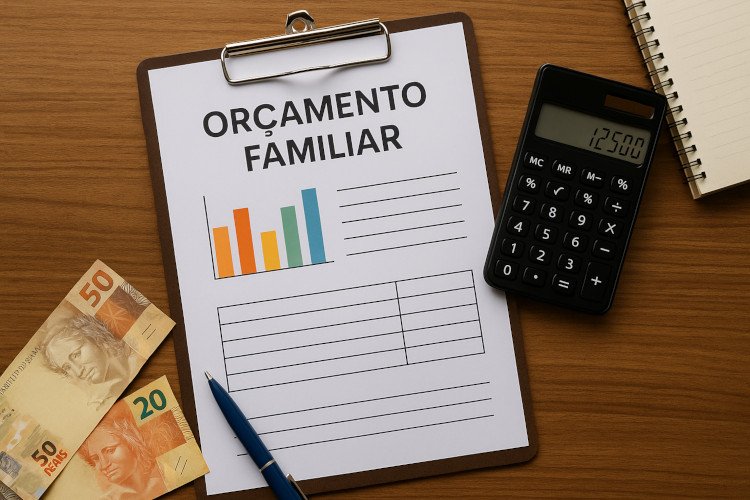 Orçamento familiar eficiente com planilha, gráfico colorido, cédulas de real e calculadora sobre mesa de madeira