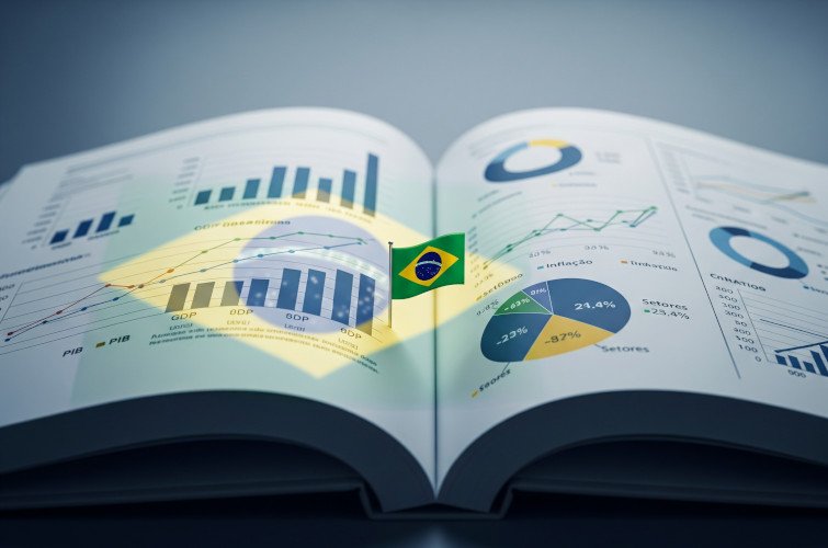 Livro de finanças com gráficos e a bandeira do Brasil, representando a análise econômica brasileira.