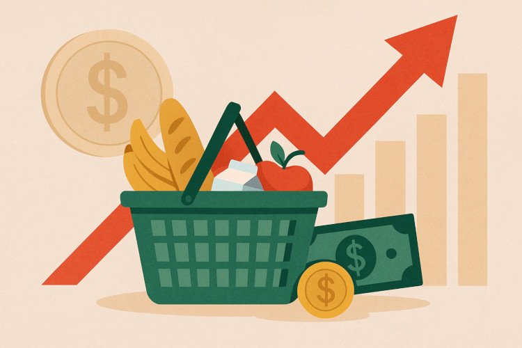 Inflação e poder de compra representados por cesta de compras, moeda e gráfico de preços em alta