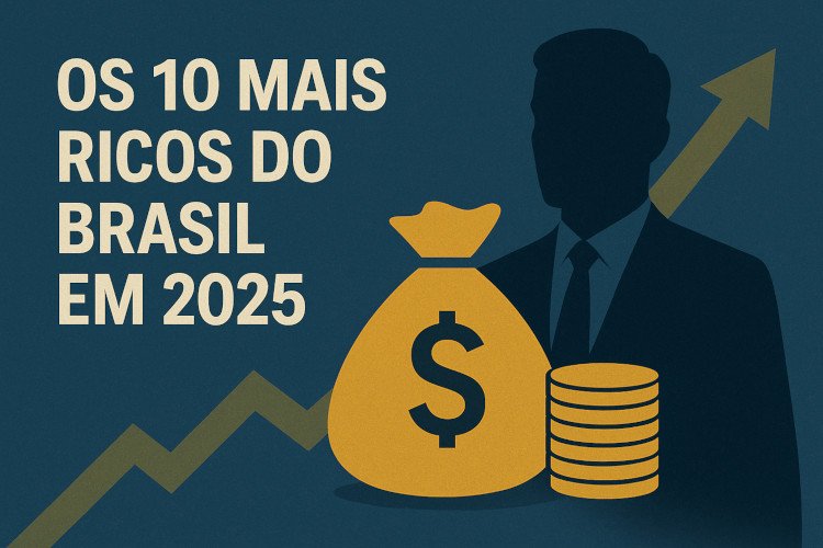 Os 10 mais ricos do Brasil em 2025 representados por símbolos de riqueza e crescimento econômico