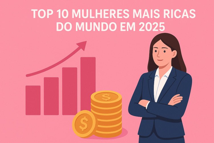 Ilustração editorial representando mulheres mais ricas do mundo em 2025 com ícones de negócios, moedas e gráfico de crescimento.